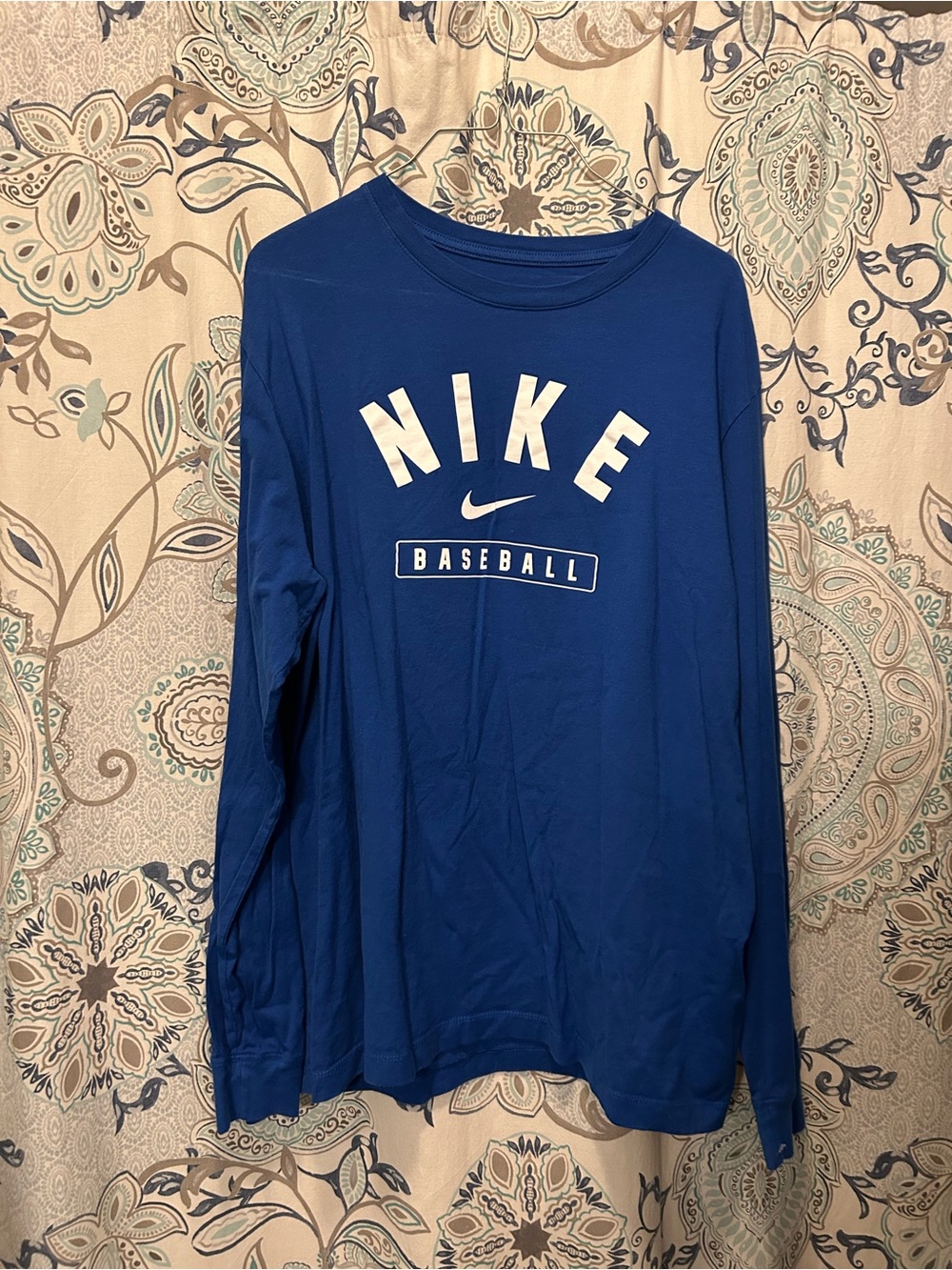 Nike Royal Blue Long Sleeve Baseball Shirt with White Logo
